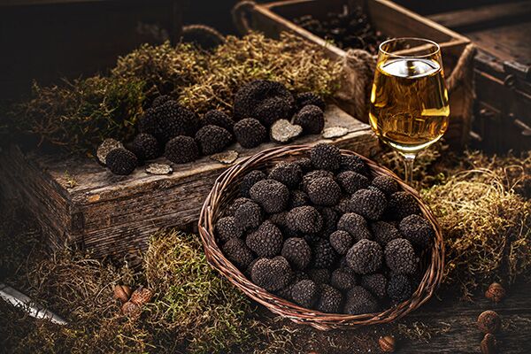 Panier de truffes accompagné par un verre de vin - Destination Truffes du 9 au 11 décembre 2022